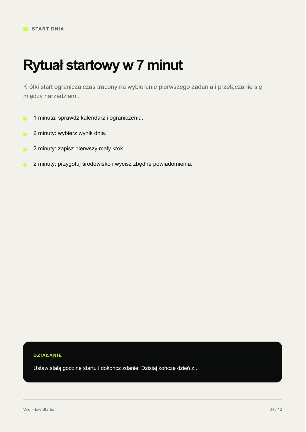 Podgląd przewodnika Virdi Flow Starter — rytuał startowy