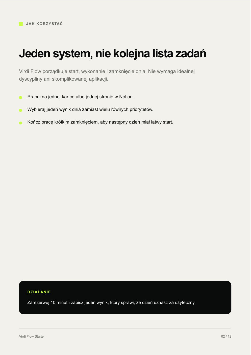 Podgląd przewodnika Virdi Flow Starter — jeden system dnia
